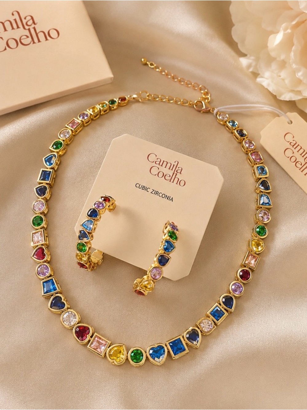 NWT Camila Coelho Gold Multicolor Cubic Zirconia Necklace with Matching Hoops